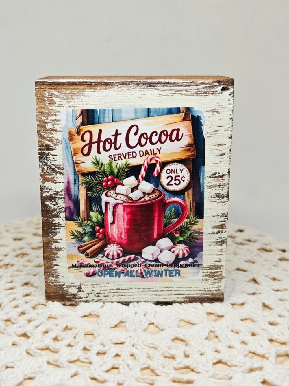Handcrafted Christmas Shelf Sitter, Tiered Tray Decor "Hot Cocoa Served Daily"